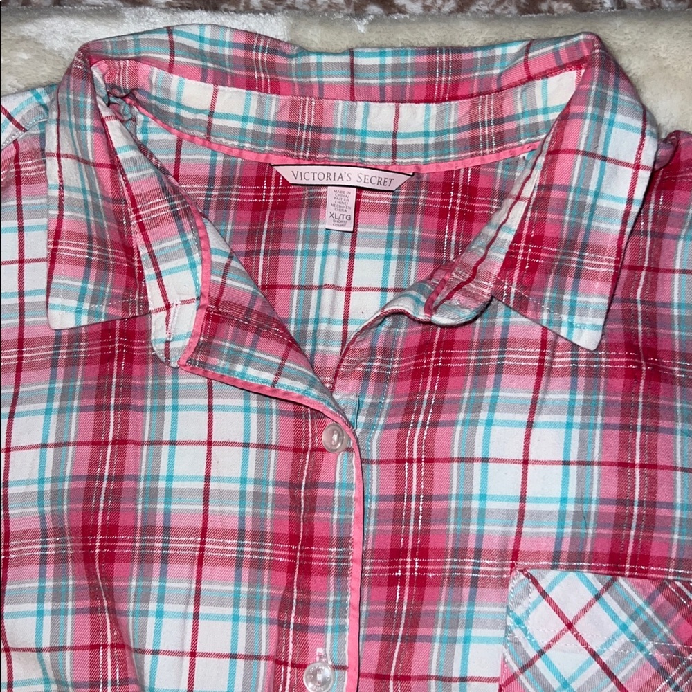 VICTORIA’S SECRET  🛌😴 LK NW COTTON PINK RED BLUE PLAID PAJAMAS Petite XL Short - Picture 4 of 10